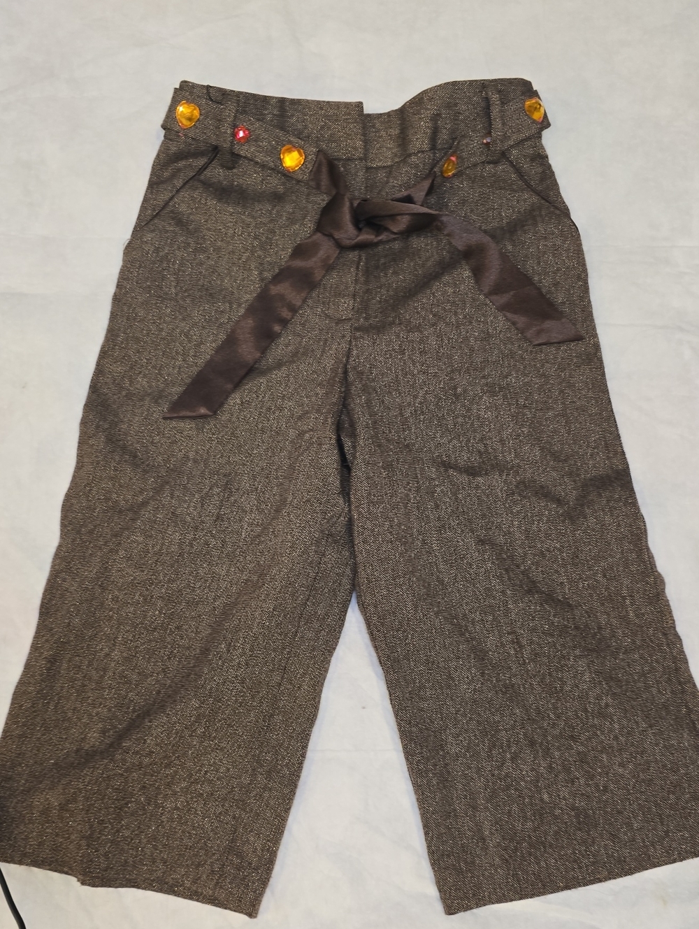 Girls' Brown Wide-Leg Trousers with Satin Self-Tie Belt